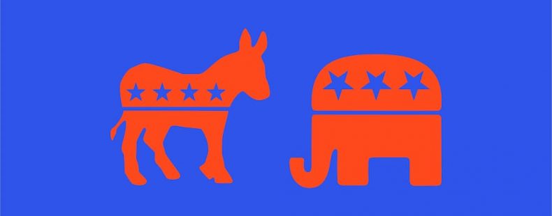 Red donkey and elephant symbols representing the Democratic and Republican parties on a blue background, illustrating U.S. political divisions.