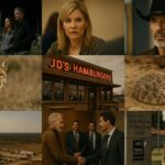 Collage of 10 hidden Easter eggs from Landman, including Texas landmarks, oil rigs, rattlesnakes, football stadium, coyotes, and characters.