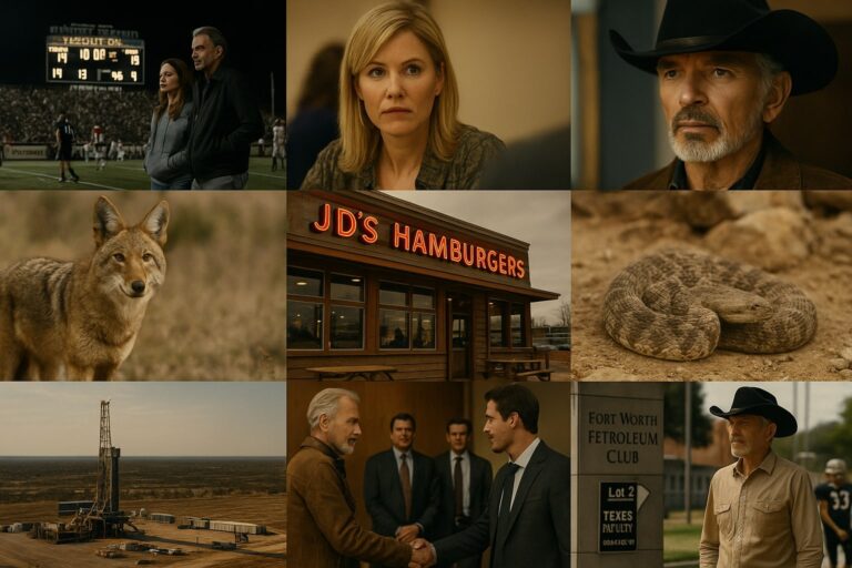 Collage of 10 hidden Easter eggs from Landman, including Texas landmarks, oil rigs, rattlesnakes, football stadium, coyotes, and characters.
