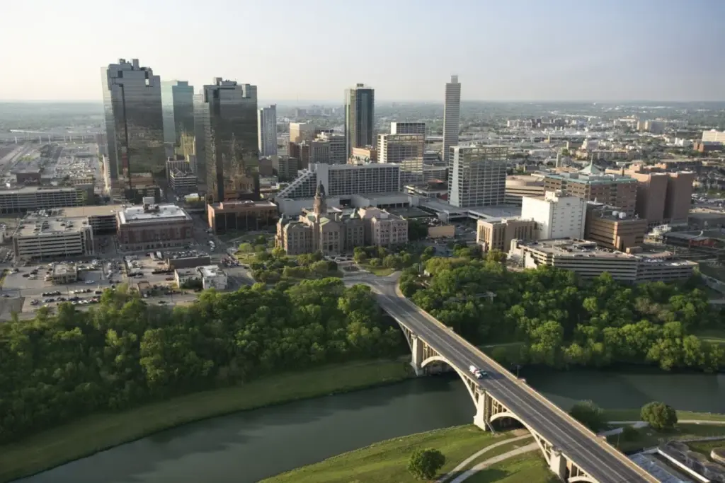Downtown Fort Worth skyline featured in Landman, doubling as West Texas to give the series a grounded, industrial backdrop.