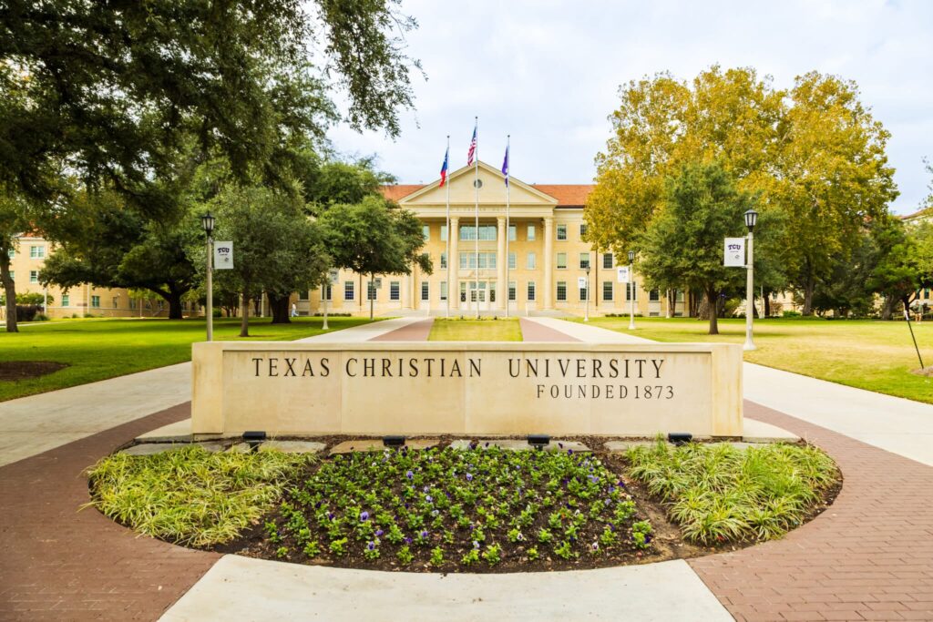Front view of Texas Christian University campus, featured in Landman to ground characters’ personal lives in authentic Texas locations.