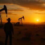 Cinematic sunset over Texas oilfield with cowboy silhouette and pumpjacks, visually reflecting Landman's gritty landscapes and Western-inspired cinematography style.