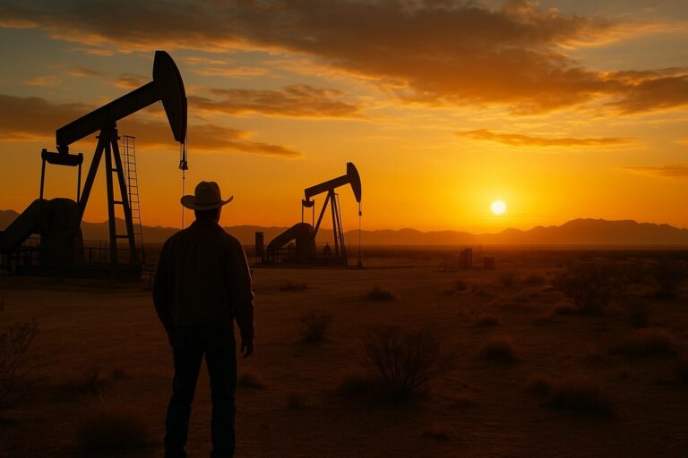 Cinematic sunset over Texas oilfield with cowboy silhouette and pumpjacks, visually reflecting Landman's gritty landscapes and Western-inspired cinematography style.