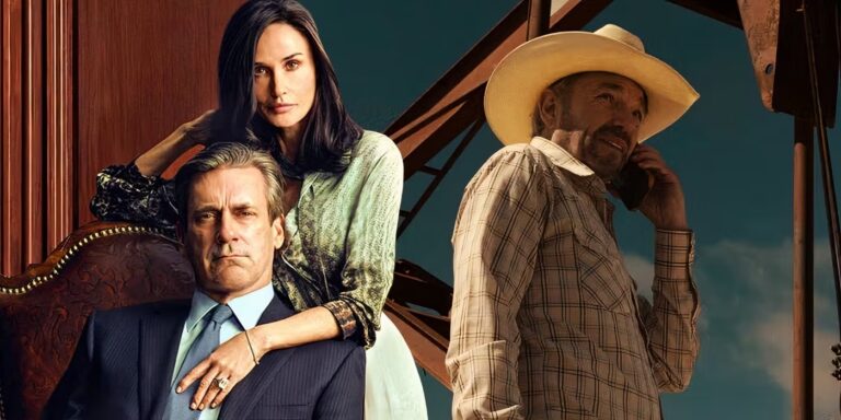 Monty Miller in a sharp suit, Rebecca Falcone poised in satin, and Tommy Norris in cowboy gear—Landman's fashion clash visualized.