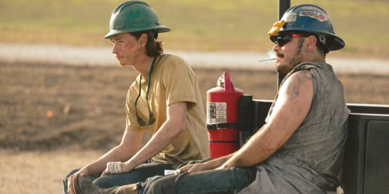 Roughnecks Cooper and Manuel taking a hard-earned break in Landman season 1, highlighting life and struggles on oil fields.
