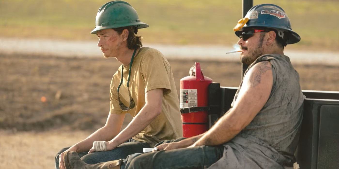 Roughnecks Cooper and Manuel taking a hard-earned break in Landman season 1, highlighting life and struggles on oil fields.